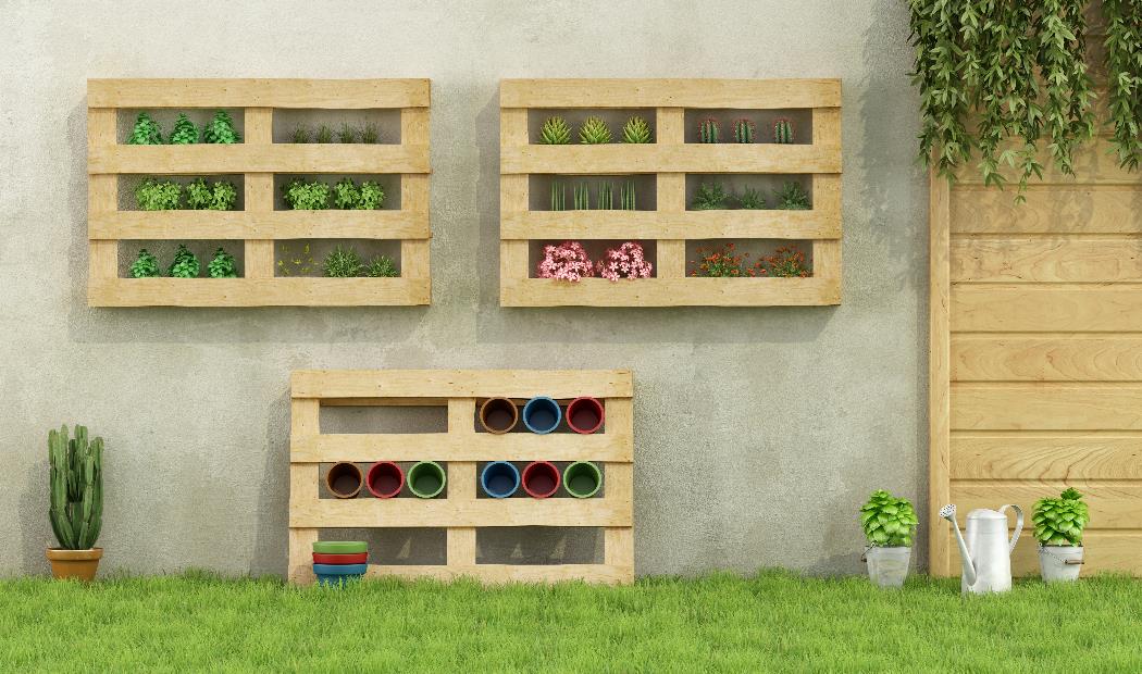 Garden with planters made of recycled wooden pallets - 3D Rendering